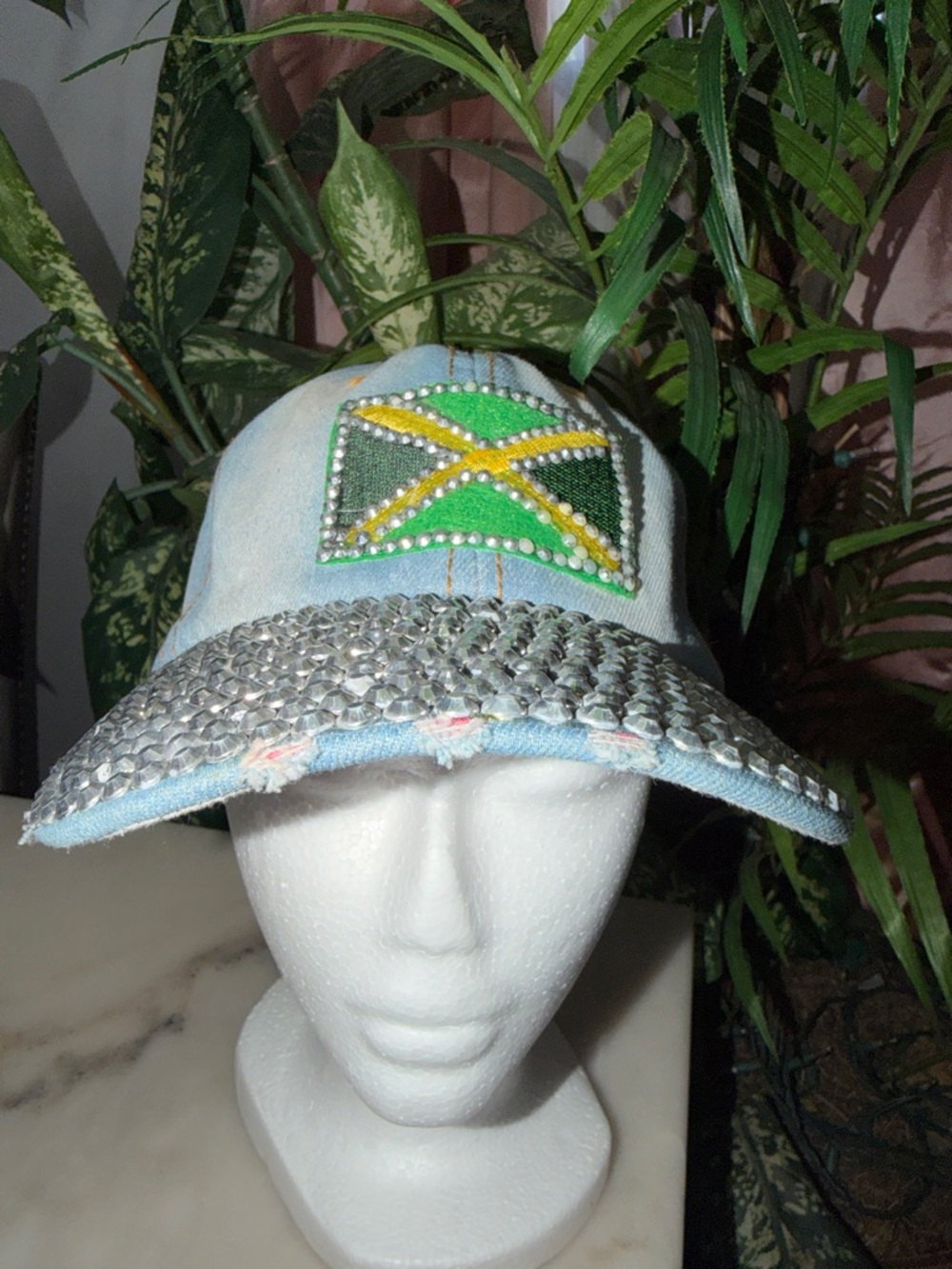 Stylish Denim Cap with Rhinestones and Jamaica ๐ฏ๐ฒ Flag Patch - Picture 11 of 13